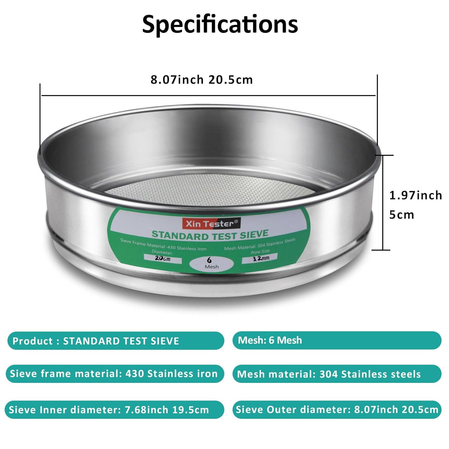10 mesh Standard Mesh Lab Sieves Laboratory Sample Test Analysis Sieve Dia 7.88 Inches