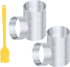 10pcs Perforated Cake Rings 2.4 Inch Stainless Steel Round Cake Mousse Ring Molds with Brush for Baking Cake Dessert Pastry Making, Silver Tone