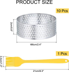 10pcs Perforated Cake Rings 2.4 Inch Stainless Steel Round Cake Mousse Ring Molds with Brush for Baking Cake Dessert Pastry Making, Silver Tone