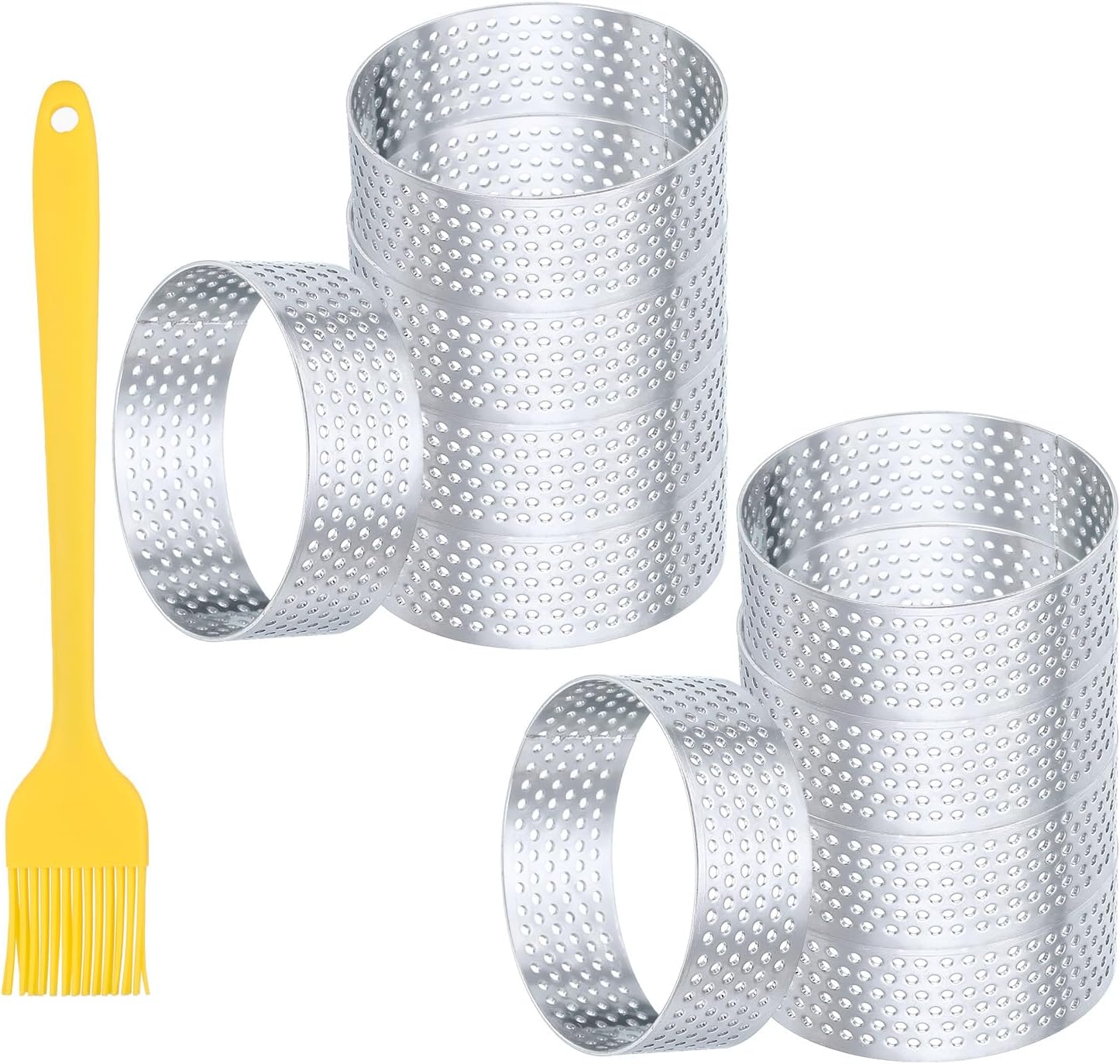 10pcs Perforated Cake Rings 2.4 Inch Stainless Steel Round Cake Mousse Ring Molds with Brush for Baking Cake Dessert Pastry Making, Silver Tone