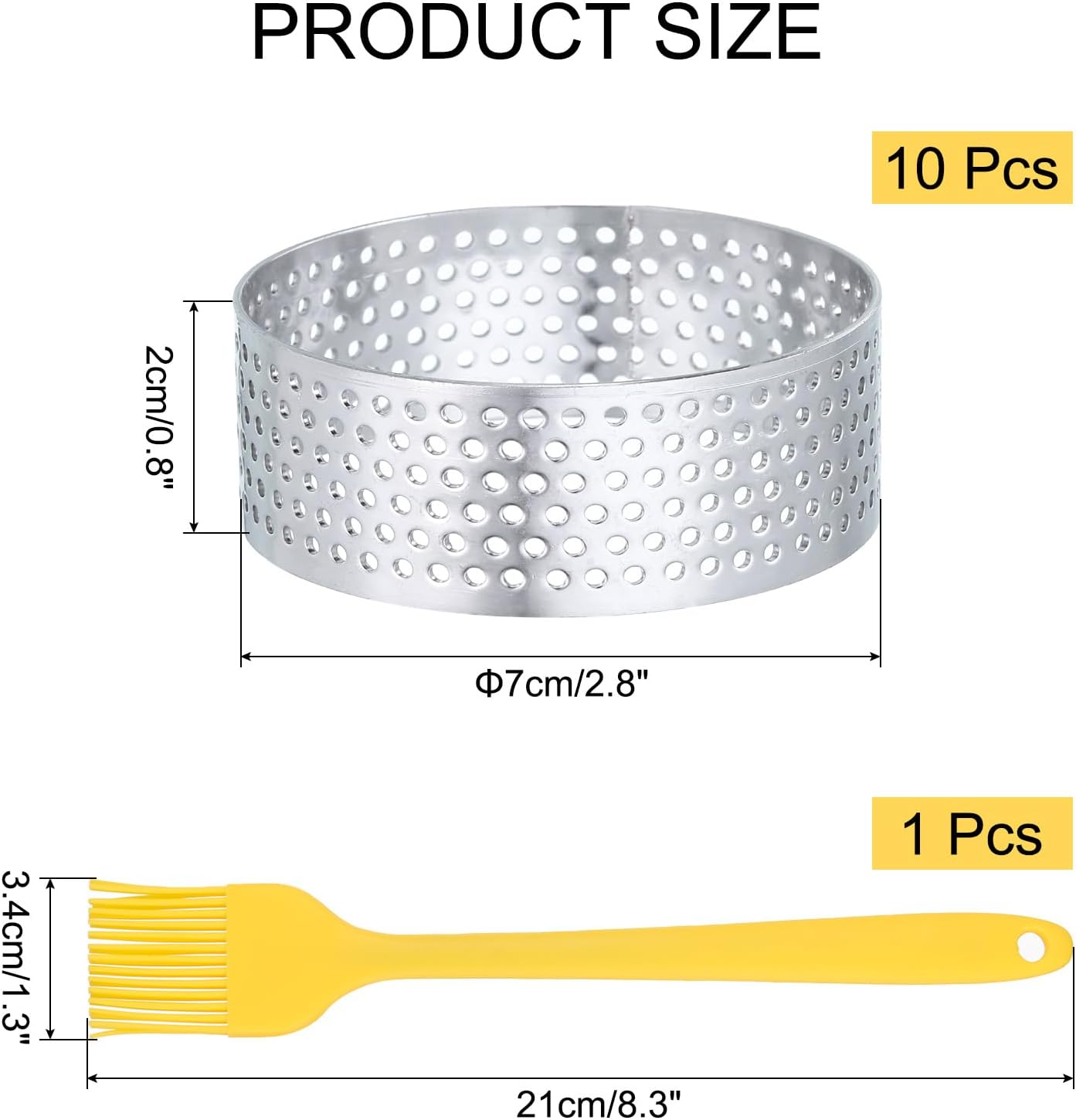 10pcs Perforated Cake Rings 2.4 Inch Stainless Steel Round Cake Mousse Ring Molds with Brush for Baking Cake Dessert Pastry Making, Silver Tone
