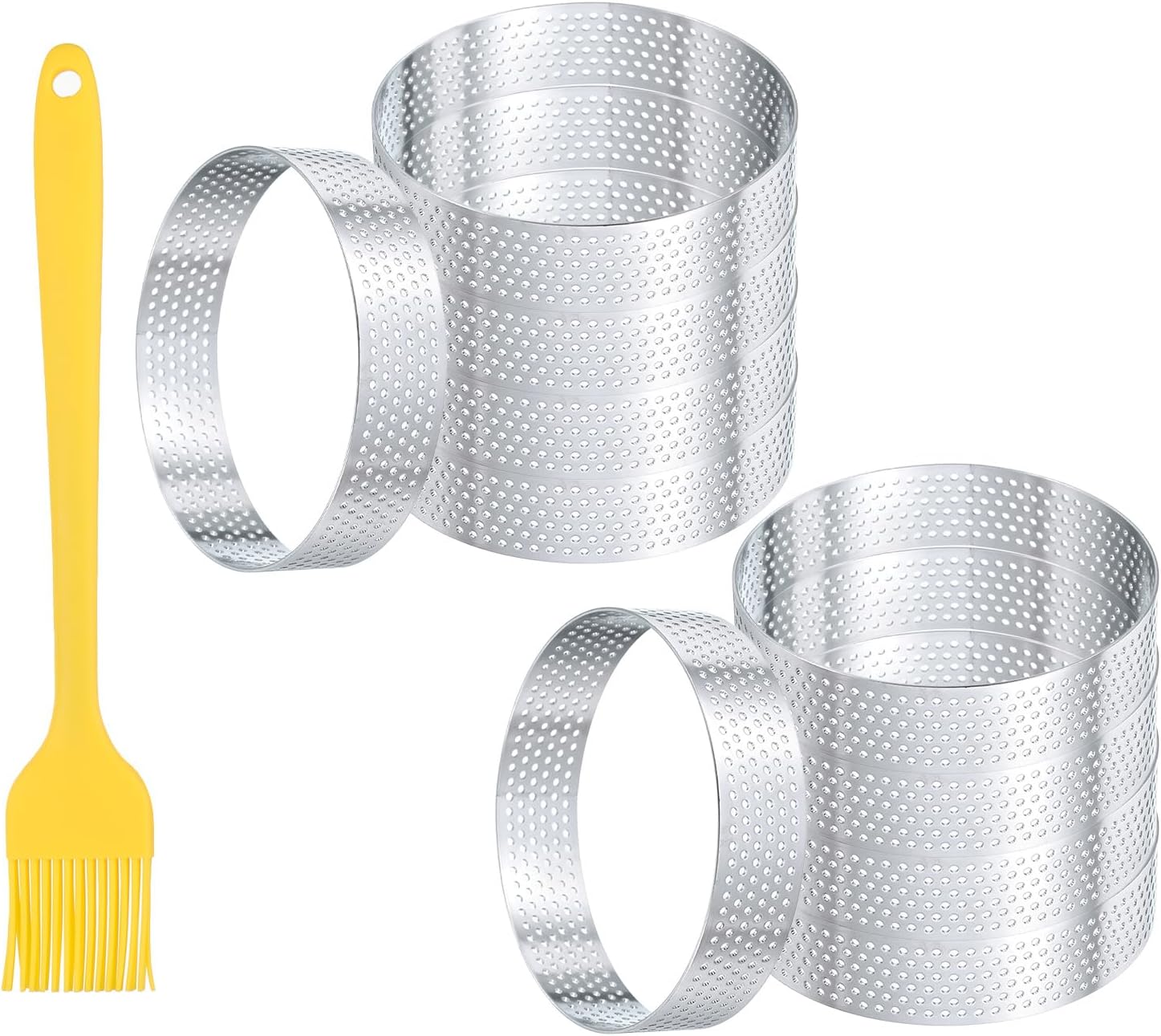 10pcs Perforated Cake Rings 2.4 Inch Stainless Steel Round Cake Mousse Ring Molds with Brush for Baking Cake Dessert Pastry Making, Silver Tone
