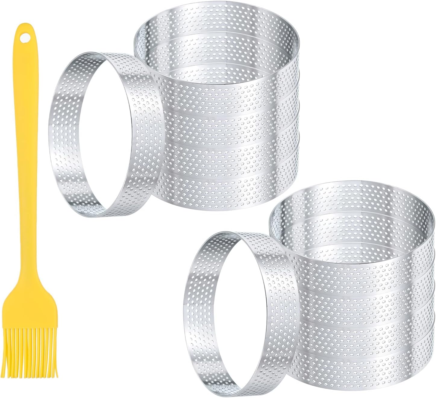 10pcs Perforated Cake Rings 2.4 Inch Stainless Steel Round Cake Mousse Ring Molds with Brush for Baking Cake Dessert Pastry Making, Silver Tone