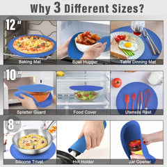 12 10 8 Inch Multi-use Microwave Mat, Trivet, Pot Holders, Drying, Baking, Place Mat, Utensils Rest, Silicone Cover Pad for Hot Pot Pans Bowls Plates Dishes Kitchen Counter,Heat Resistant,Blue