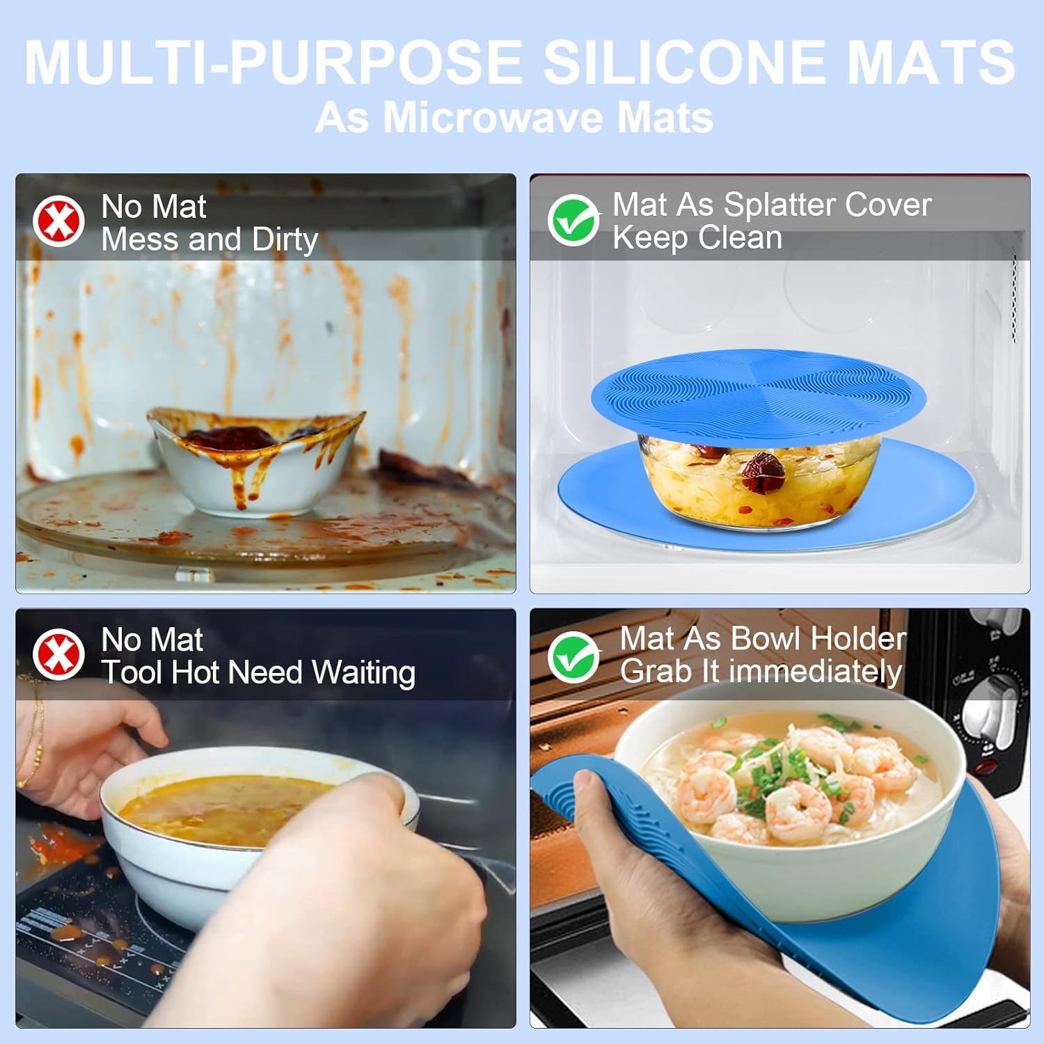 12 10 8 Inch Multi-use Microwave Mat, Trivet, Pot Holders, Drying, Baking, Place Mat, Utensils Rest, Silicone Cover Pad for Hot Pot Pans Bowls Plates Dishes Kitchen Counter,Heat Resistant,Blue