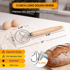 13 Inch Danish Dough Whisk, 304 Stainless Steel Dough Whisk with Long Smooth Wooden Handle - Dutch Whisk Sourdough Bread Tools for Pizza, Pastry & Cake Batter Mixing Easy & Quick