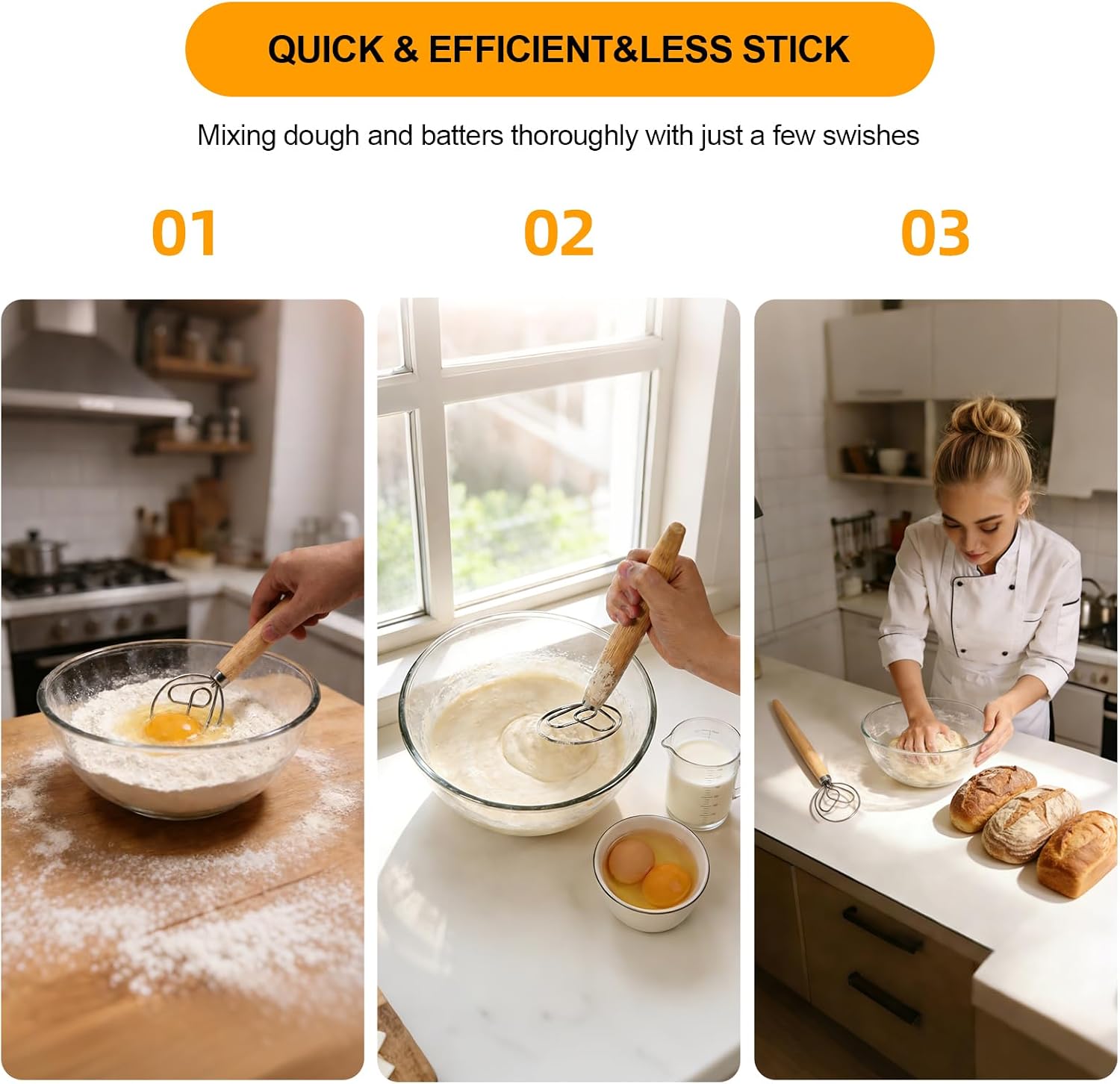 13 Inch Danish Dough Whisk, 304 Stainless Steel Dough Whisk with Long Smooth Wooden Handle - Dutch Whisk Sourdough Bread Tools for Pizza, Pastry & Cake Batter Mixing Easy & Quick