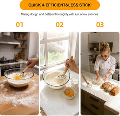 13 Inch Danish Dough Whisk, 304 Stainless Steel Dough Whisk with Long Smooth Wooden Handle - Dutch Whisk Sourdough Bread Tools for Pizza, Pastry & Cake Batter Mixing Easy & Quick