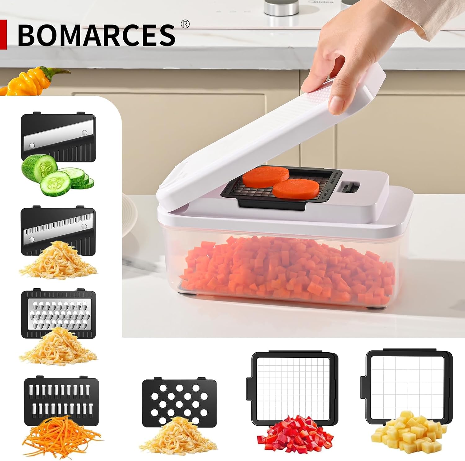 11-in-1 Vegetable Chopper, 420 Food-Grade Stainless Steel Blades, 7.2 Cup Container with Colander, BPA & PFAS Free, Dishwasher Safe
