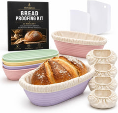 10-Piece Set Oval Banneton Bread Proofing Basket,10 Inch Natural Rattan Sourdough Proofing Kit with Cloth Liners and Dough Scrapers,Sourdough Bread Baking Supplies for Home Bakers