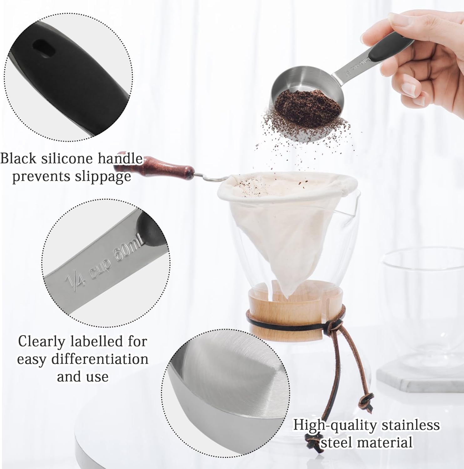 1/4 Cup 60 ML Stainless Steel Coffee Measuring Scoop | Single Scoop, Black Silicone Handle, Metal Construction