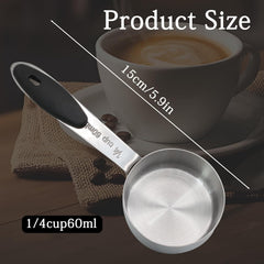 1/4 Cup 60 ML Stainless Steel Coffee Measuring Scoop | Single Scoop, Black Silicone Handle, Metal Construction