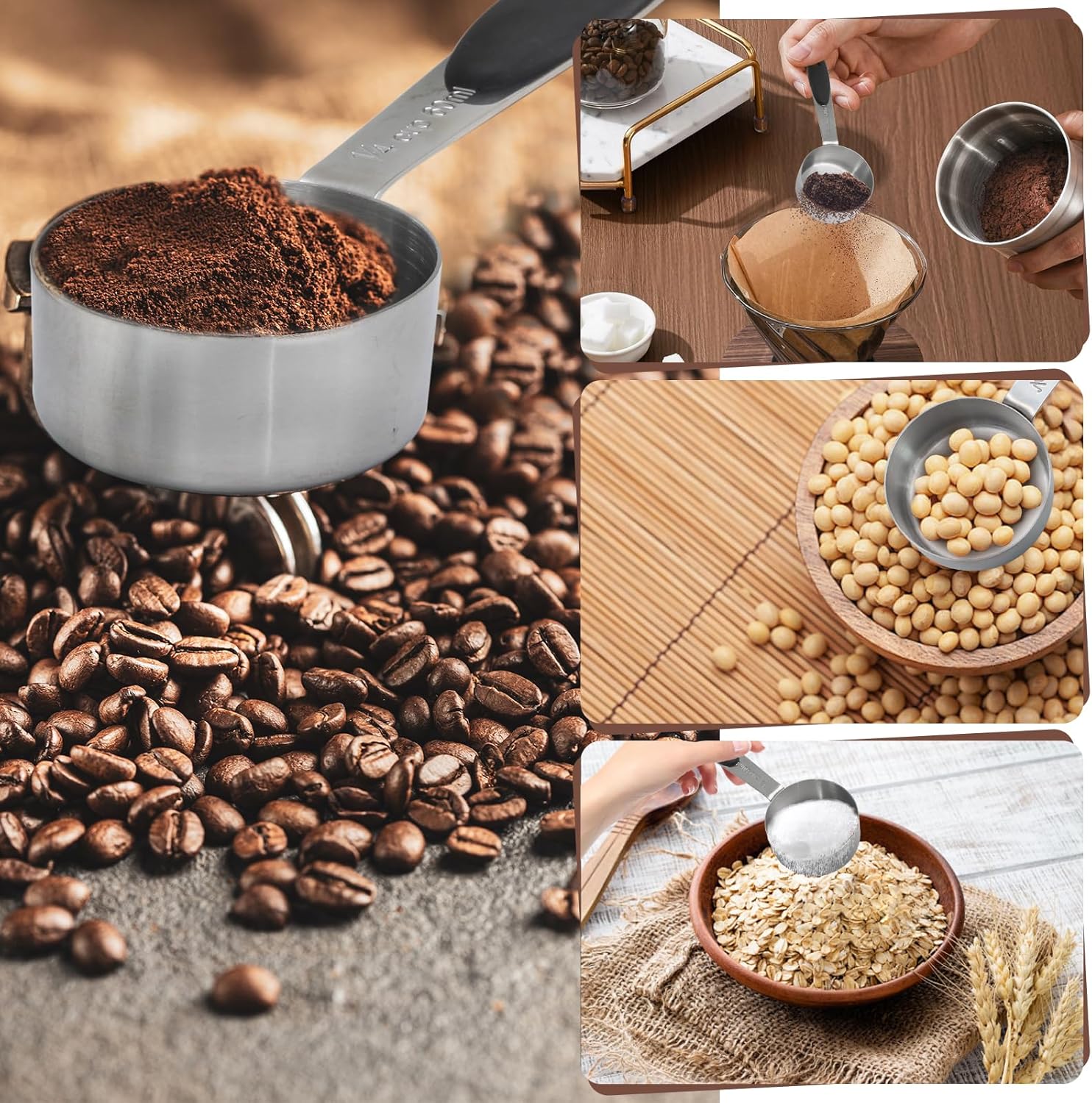 1/4 Cup 60 ML Stainless Steel Coffee Measuring Scoop | Single Scoop, Black Silicone Handle, Metal Construction