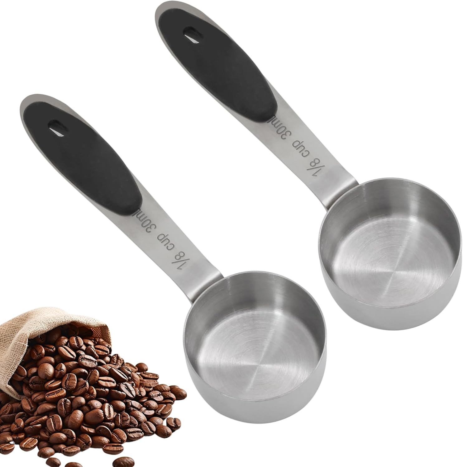 1/4 Cup 60 ML Stainless Steel Coffee Measuring Scoop | Single Scoop, Black Silicone Handle, Metal Construction