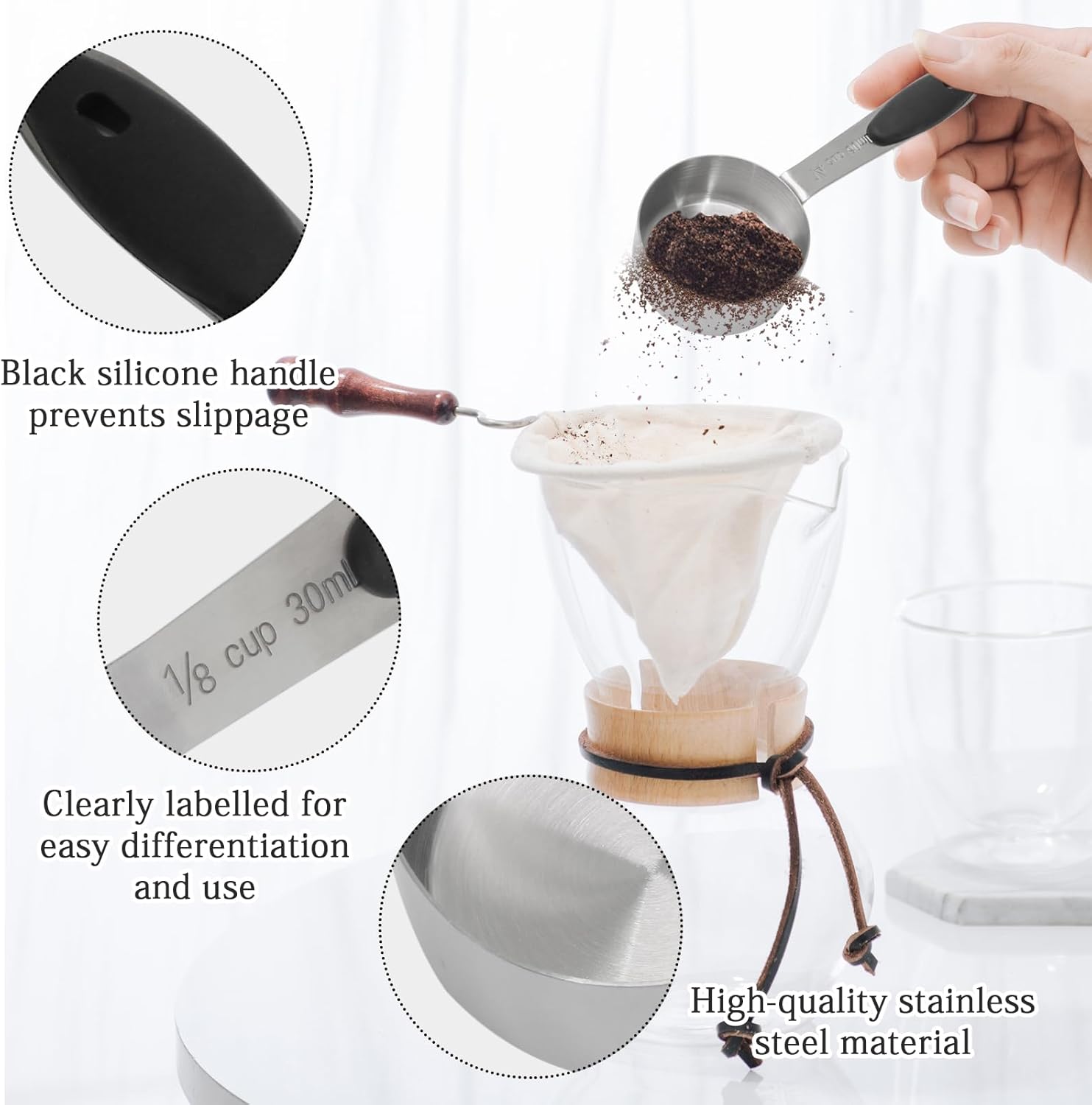 1/4 Cup 60 ML Stainless Steel Coffee Measuring Scoop | Single Scoop, Black Silicone Handle, Metal Construction