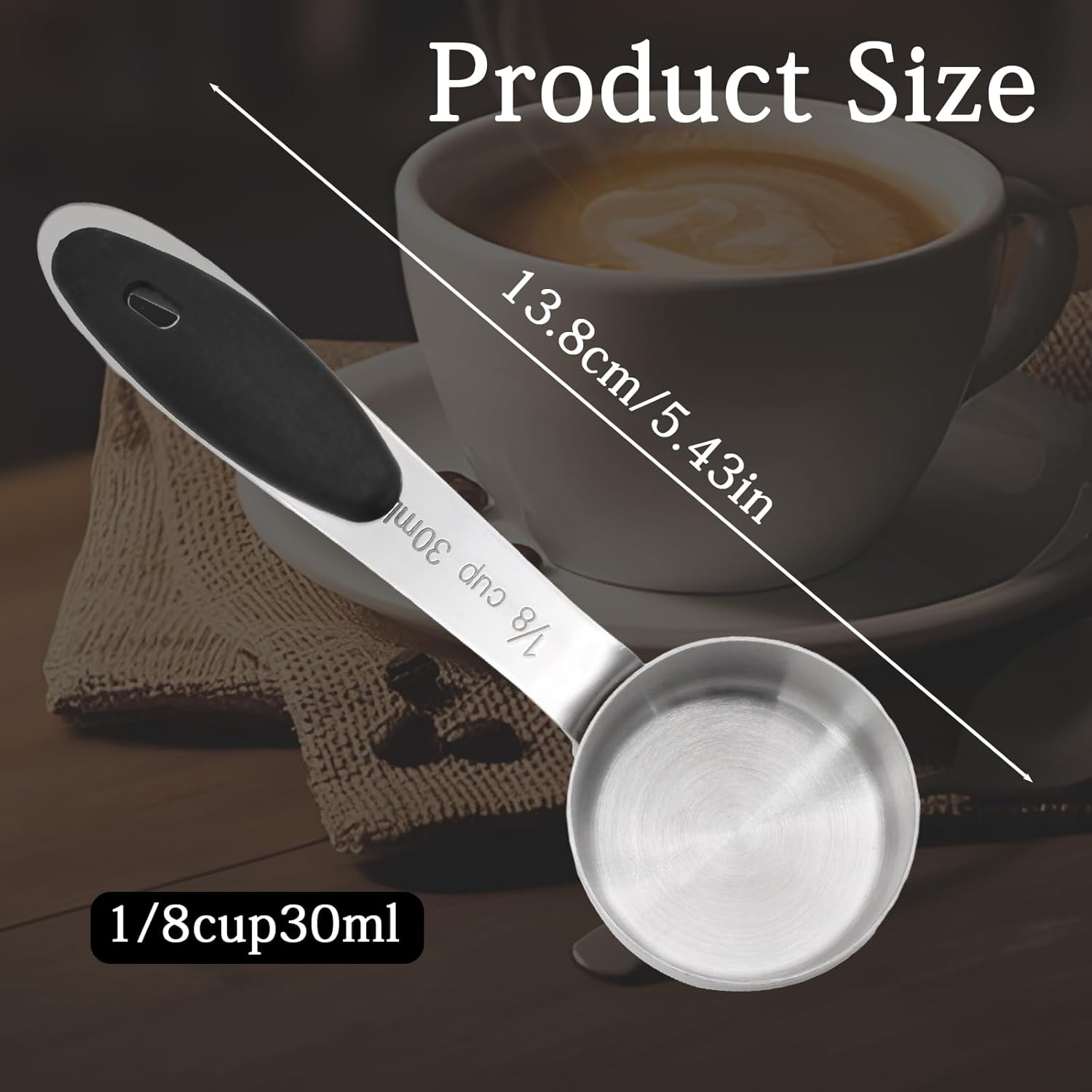 1/4 Cup 60 ML Stainless Steel Coffee Measuring Scoop | Single Scoop, Black Silicone Handle, Metal Construction