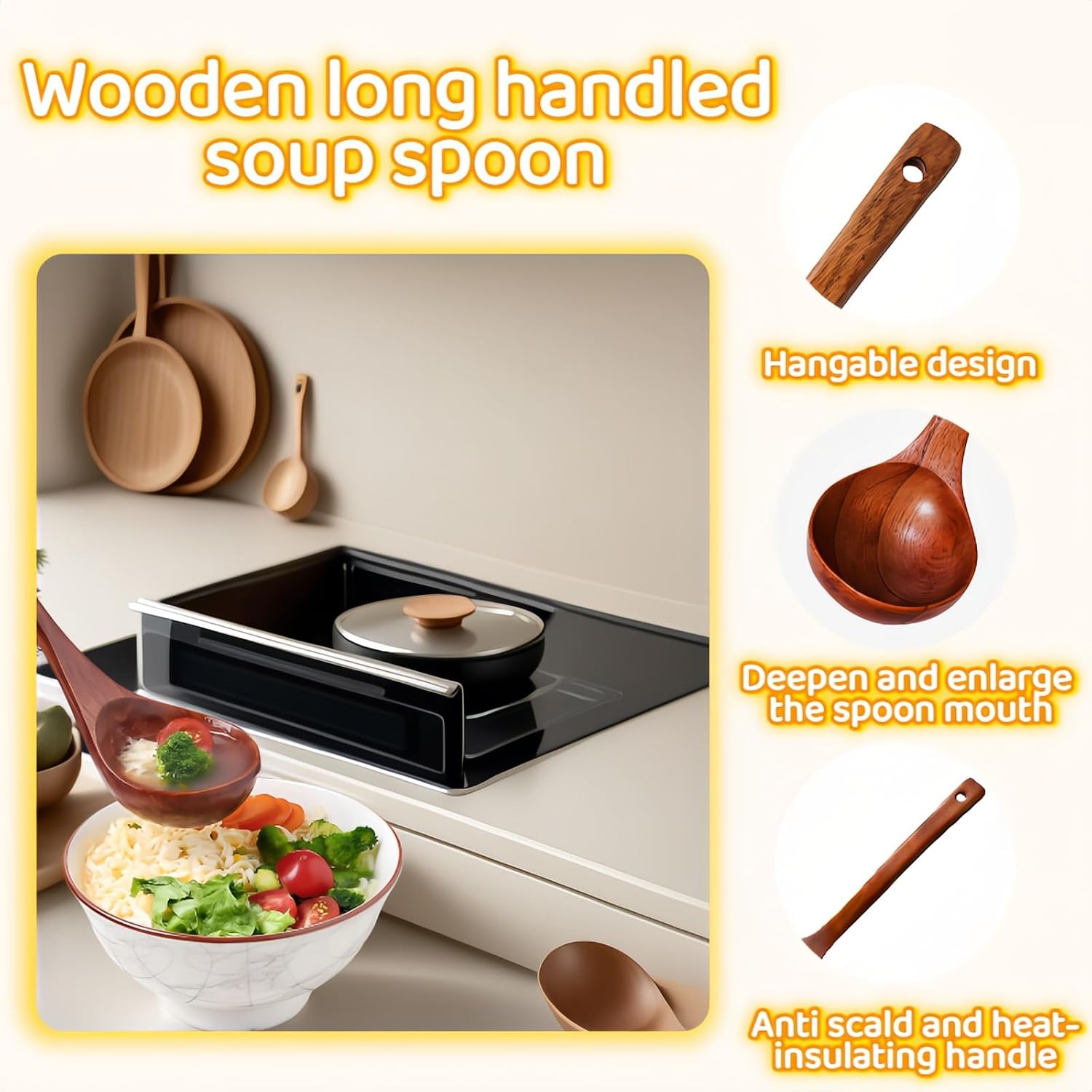 10" Premium Wooden Spoon for Cooking, Natural Teak - Non Drip, Heat Resistant & Comfort Grip, Handmade Smooth Wood Soup Spoon for Stirring, Serving, Non Stick Pots/Hot Soups and Broths