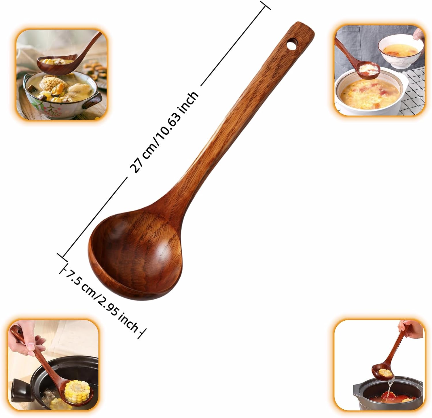 10" Premium Wooden Spoon for Cooking, Natural Teak - Non Drip, Heat Resistant & Comfort Grip, Handmade Smooth Wood Soup Spoon for Stirring, Serving, Non Stick Pots/Hot Soups and Broths