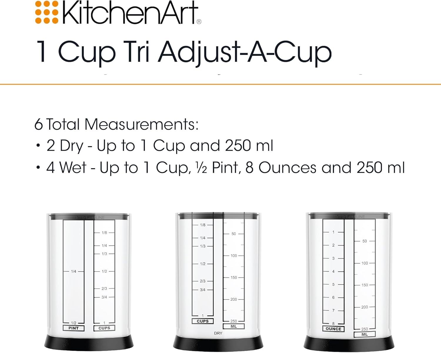 1 & 2 Cup Tri Adjust A-Cup, Easy Pour Adjustable Measuring Set | Mess Free Pouring | Measures 1/8 to 2 Cups | Includes Conversions | Kitchen Adjustable Measuring Cup Set For Liquids & Solids