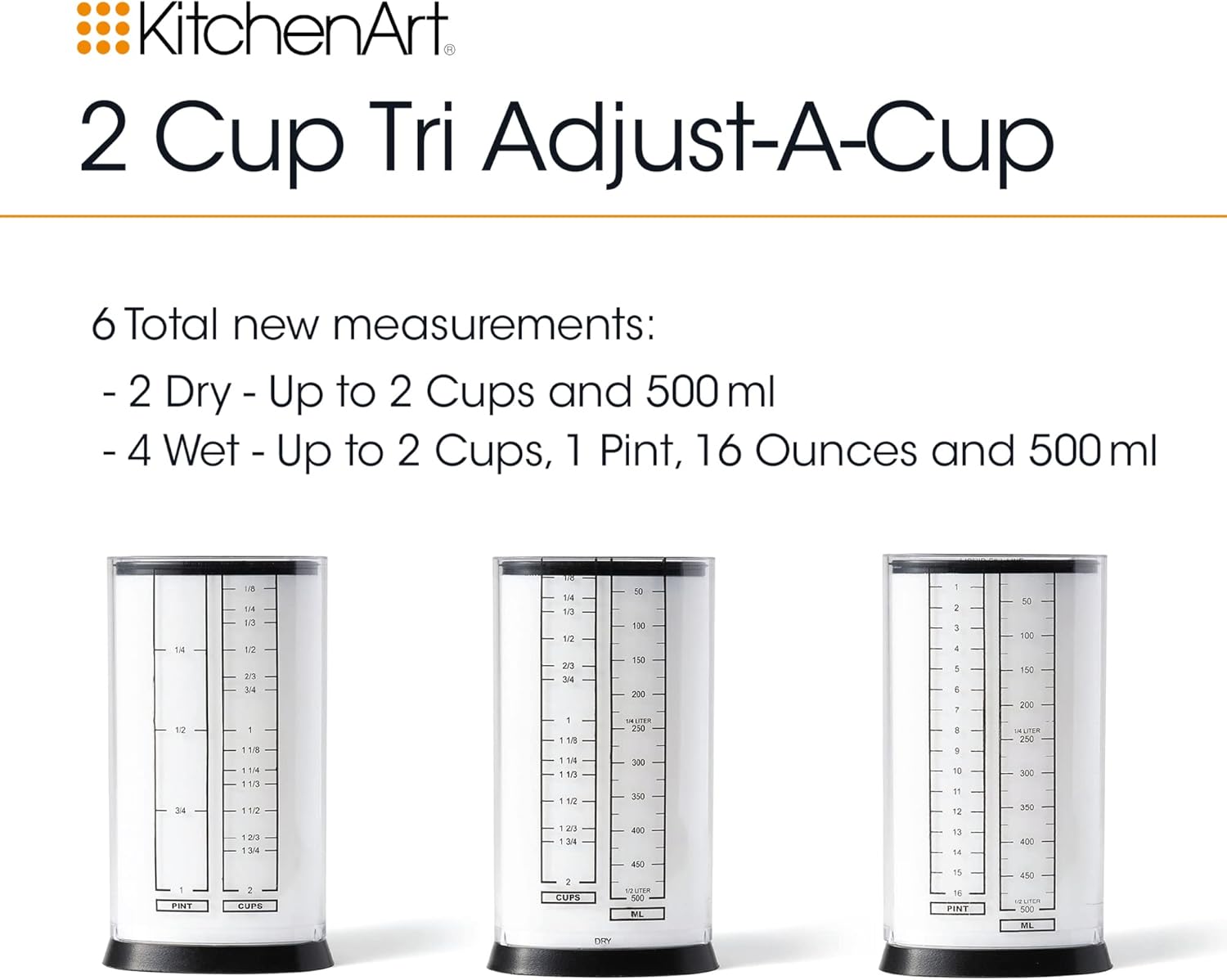 1 & 2 Cup Tri Adjust A-Cup, Easy Pour Adjustable Measuring Set | Mess Free Pouring | Measures 1/8 to 2 Cups | Includes Conversions | Kitchen Adjustable Measuring Cup Set For Liquids & Solids