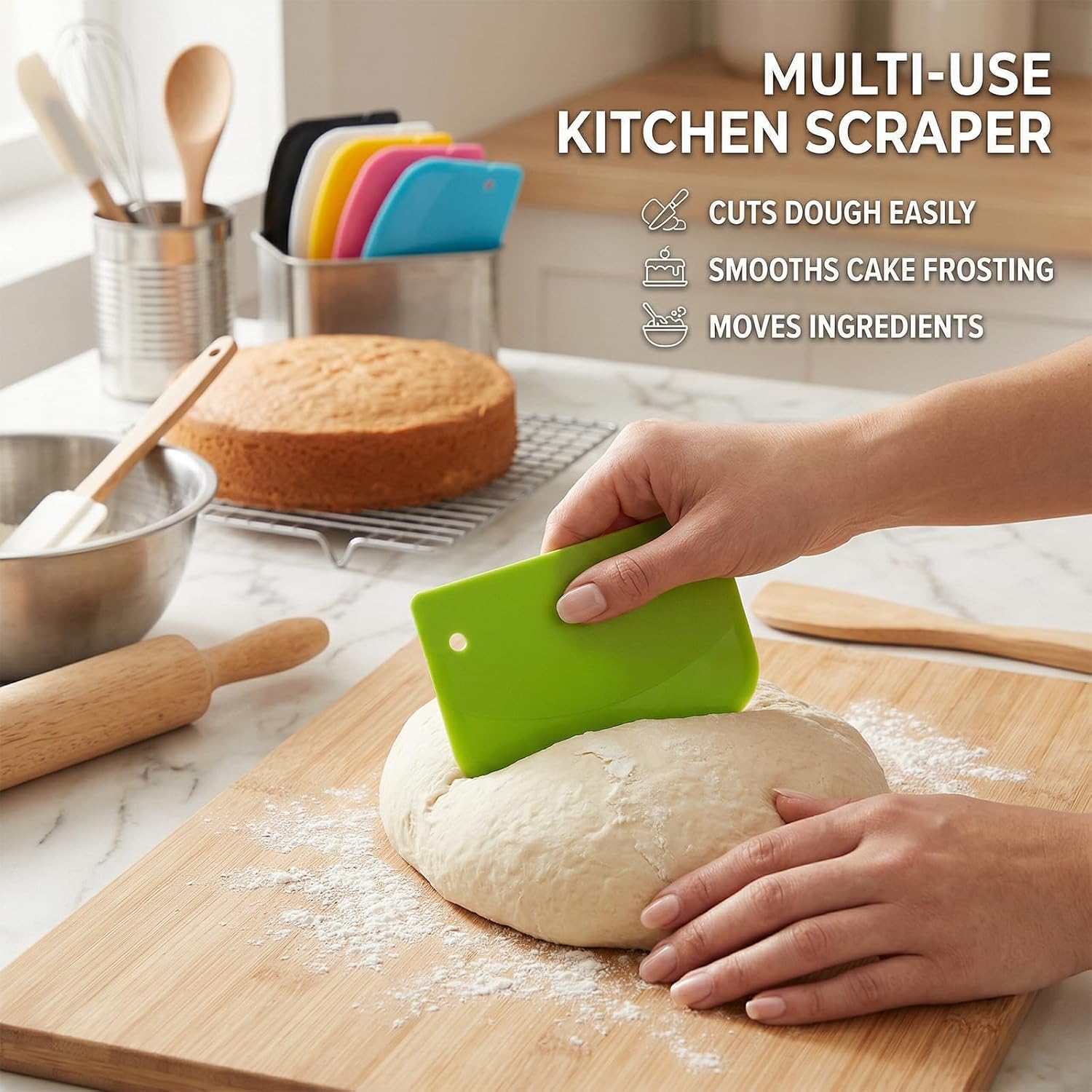 12PCS Dough Scraper, Plastic Thickened Bench Scraper 6 Colors Multipurpose Bowl Scraper for Kitchen, Baking, Cake, Bread, Pizza, and Pastry