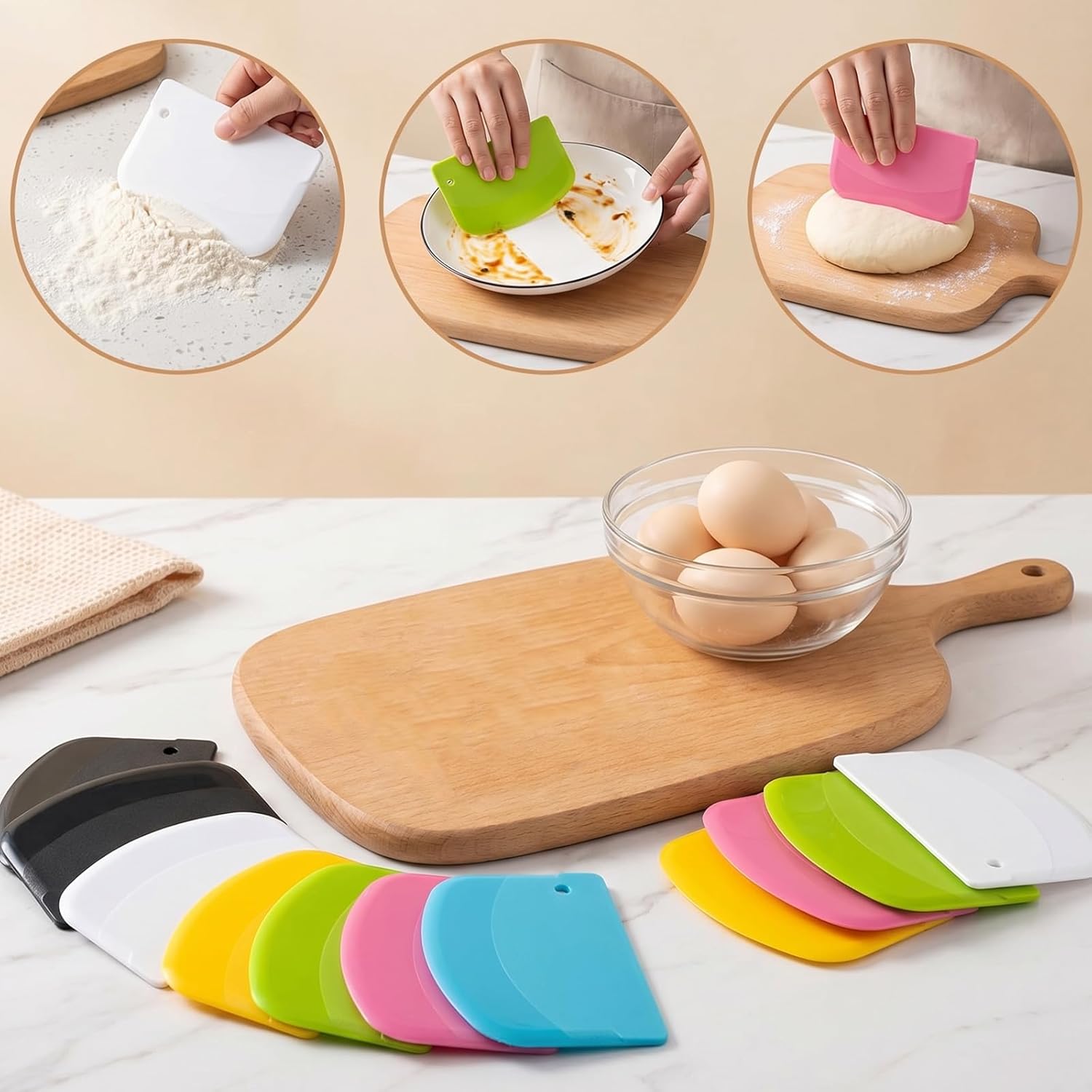 12PCS Dough Scraper, Plastic Thickened Bench Scraper 6 Colors Multipurpose Bowl Scraper for Kitchen, Baking, Cake, Bread, Pizza, and Pastry