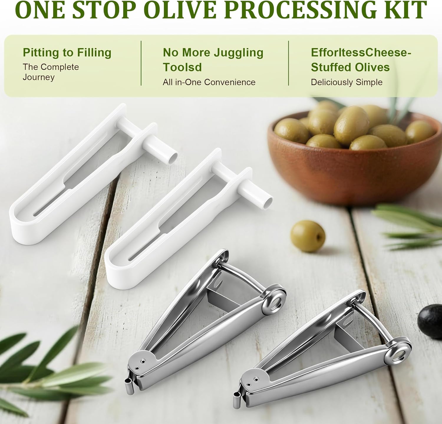 1 Set Olive Stuffer with Pitter, Blue Cheese Olive Stuffer Tool Kit | Food Grade PP Olive Stuffer Tool, Applied to Make Accompaniment to Martinis and Cocktail, Easy to Clean, Simple to Operate