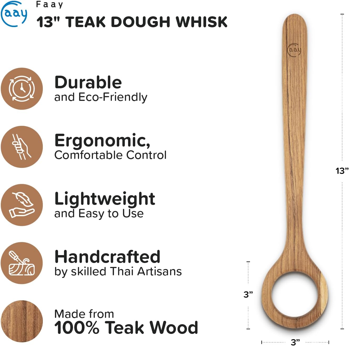 13" Dough Whisk, 100% Healthy Teak Kitchen Utensils for Bread Mixing, Sourdough, Batter Preparation, Baking, and Cooking Tools