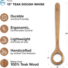 13" Dough Whisk, 100% Healthy Teak Kitchen Utensils for Bread Mixing, Sourdough, Batter Preparation, Baking, and Cooking Tools