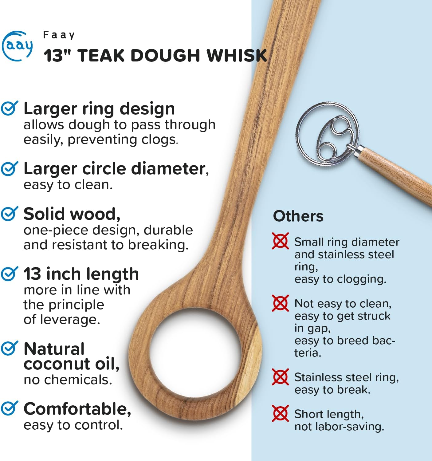 13" Dough Whisk, 100% Healthy Teak Kitchen Utensils for Bread Mixing, Sourdough, Batter Preparation, Baking, and Cooking Tools