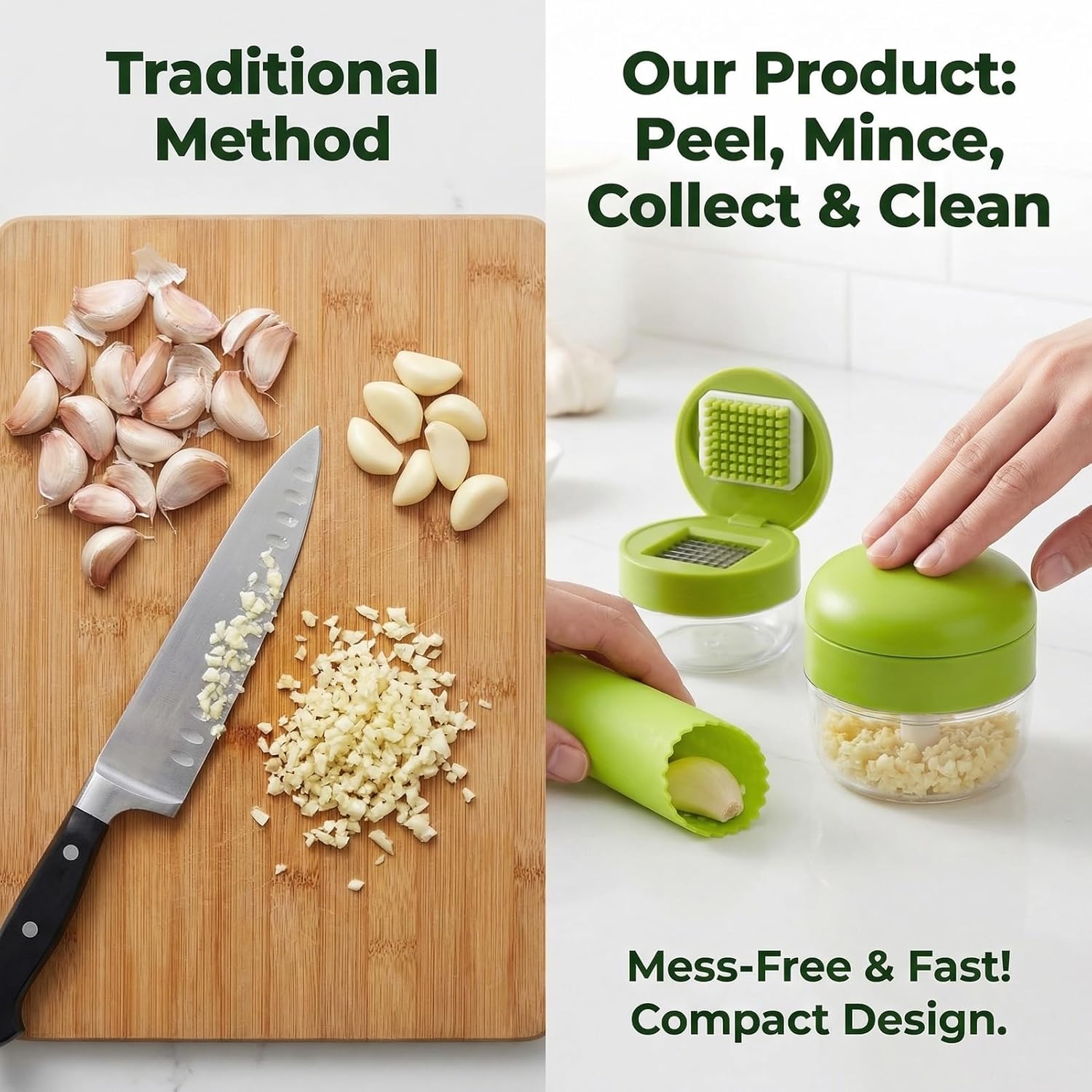 1 Set, 3-in-1 Stainless Steel Garlic Press and Mincer Set with Silicone Peeler, Cleaning Brush, and Storage Container, Multi-Purpose Food Chopper for Easy Garlic Preparation