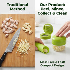 1 Set, 3-in-1 Stainless Steel Garlic Press and Mincer Set with Silicone Peeler, Cleaning Brush, and Storage Container, Multi-Purpose Food Chopper for Easy Garlic Preparation