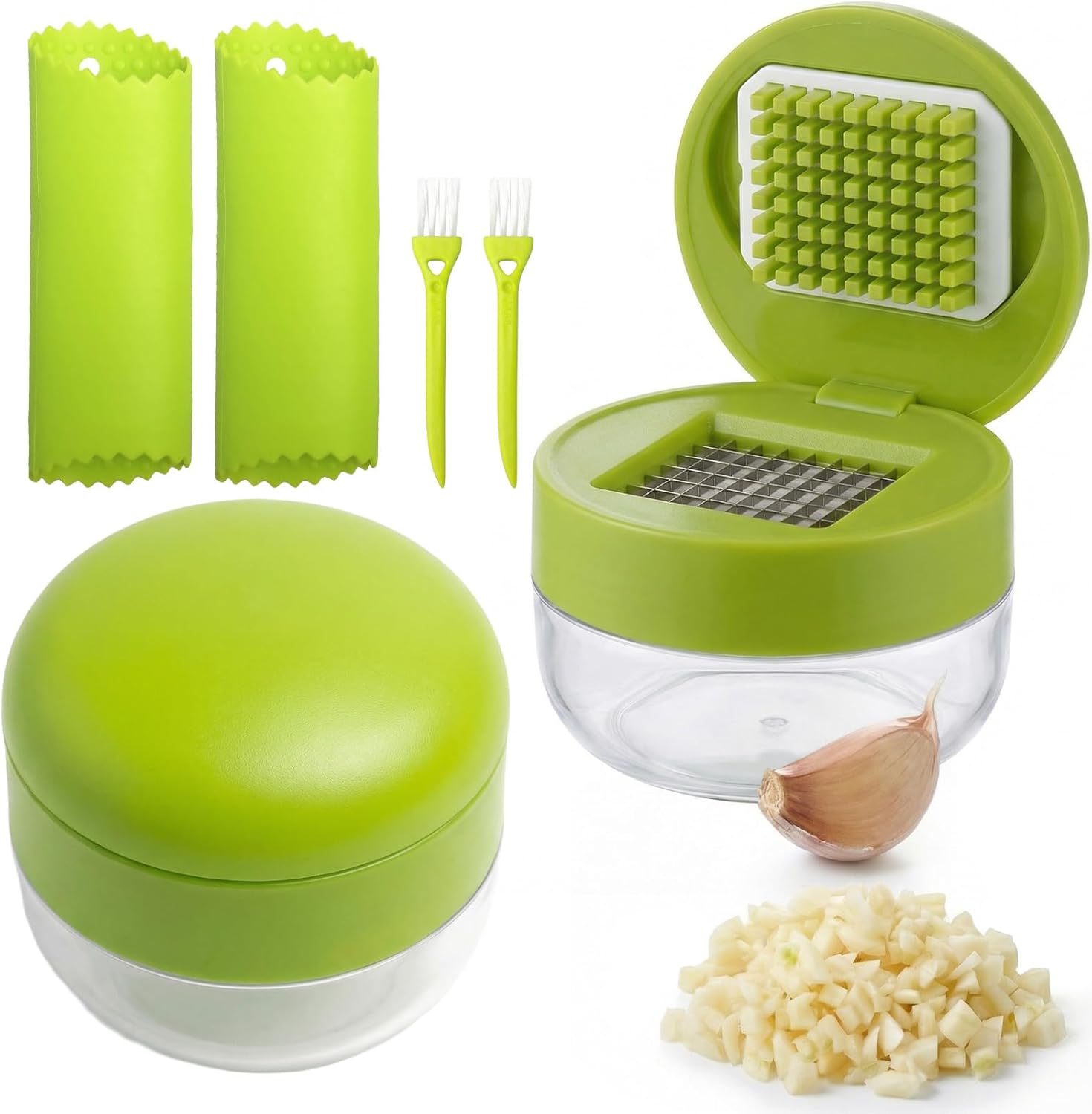 1 Set, 3-in-1 Stainless Steel Garlic Press and Mincer Set with Silicone Peeler, Cleaning Brush, and Storage Container, Multi-Purpose Food Chopper for Easy Garlic Preparation