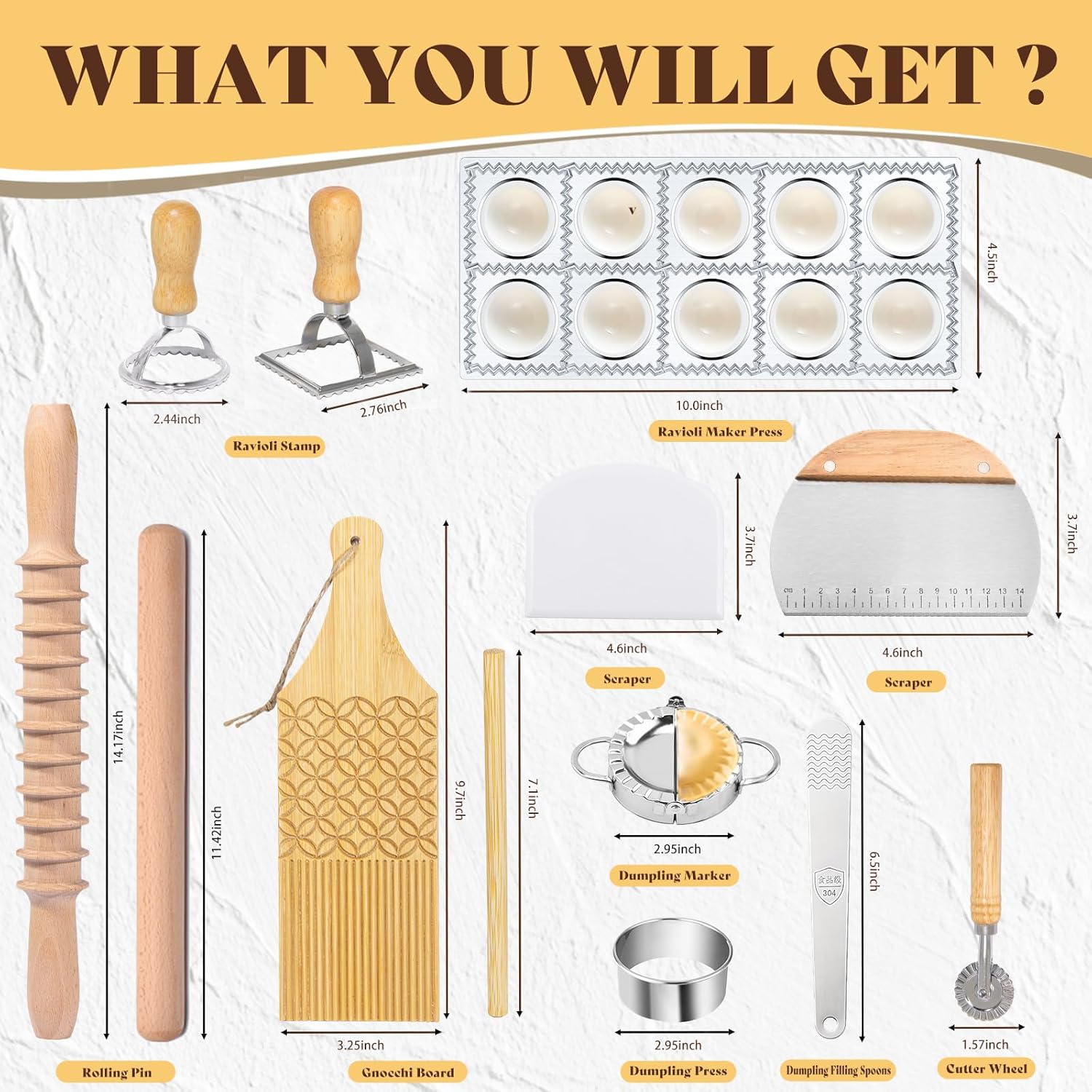 13Pcs Wood Pasta Making Kit | Pasta Tools with Rolling Pin,Ravioli Mold,Ravioli Cutter,Gnocchi Board,Pasta Stamps,Dumpling Tool,Stick Dough Scraper