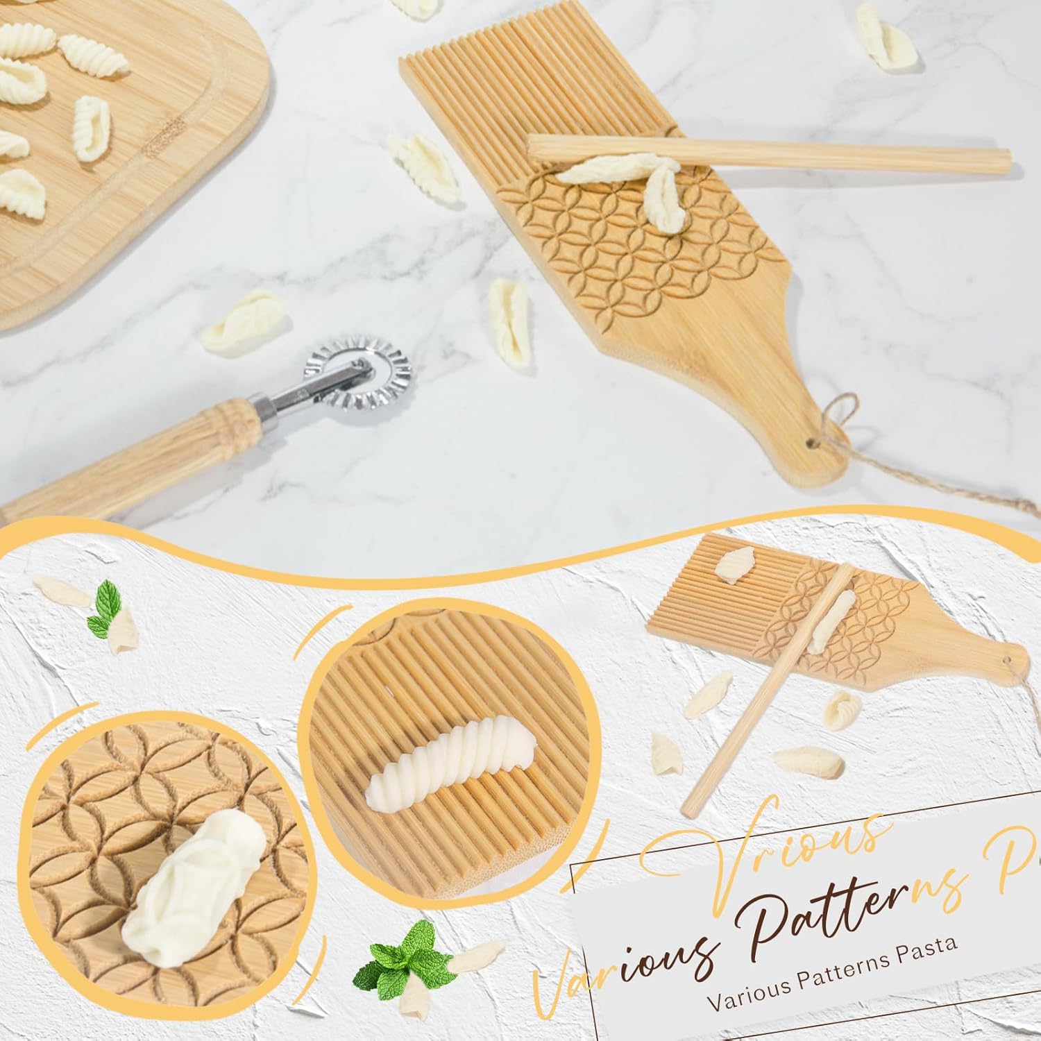 13Pcs Wood Pasta Making Kit | Pasta Tools with Rolling Pin,Ravioli Mold,Ravioli Cutter,Gnocchi Board,Pasta Stamps,Dumpling Tool,Stick Dough Scraper