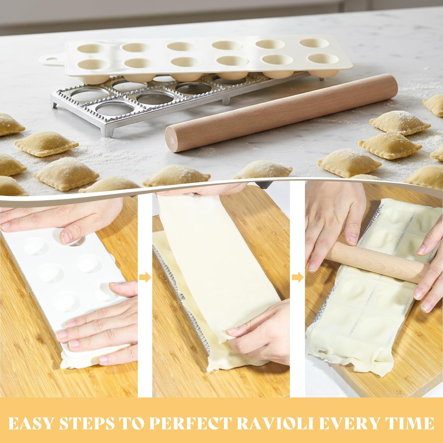 13Pcs Wood Pasta Making Kit | Pasta Tools with Rolling Pin,Ravioli Mold,Ravioli Cutter,Gnocchi Board,Pasta Stamps,Dumpling Tool,Stick Dough Scraper