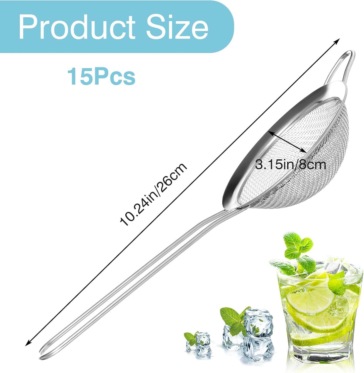 15 Pcs Stainless Steel Small Strainer, Small Fine Mesh Tea Strainer, Mini Stainless Steel Sieve with Handle, Kitchen Metal Sifter Strainers for Tea, Juicing, Coffee, Cocktail, Powdered Sugar, Matcha