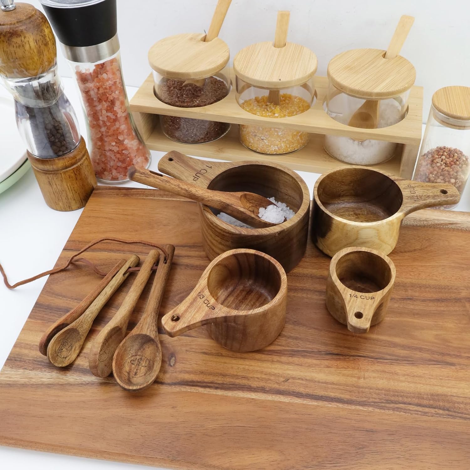 10pcs Wood Measuring Cups and Spoons Set, Kitchen Utensils, 10 Size | Handcrafted Natural Wood Tablespoon, Wooden Measuring Cups and Spoons Set, for Dry Ingredients, Cooking, Baking