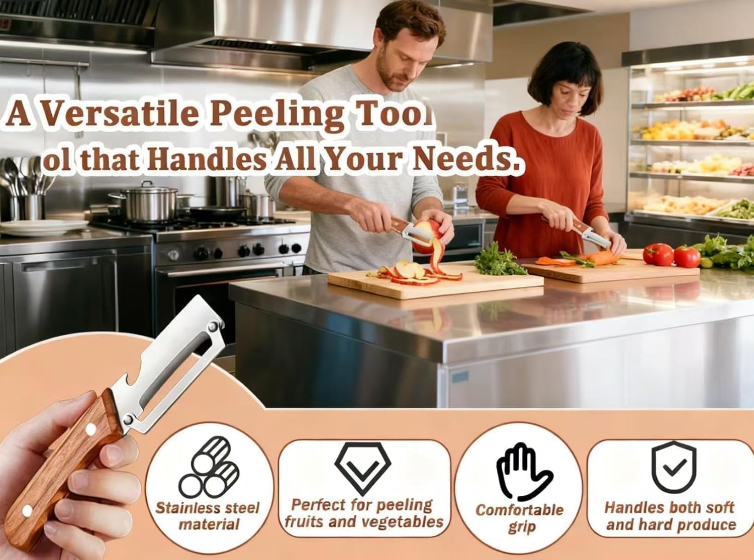 1 PCS Multi-Functional Vegetable Peeler with Wooden Handle, Stainless Steel Blade Fruit Peeler with Bottle Opener, Comfortable Non-Slip Kitchen Peeler for Potato, Pumpkin, Papaya & More (1)