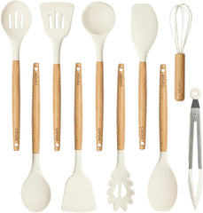 10-Piece Kitchen Utensils Set with Wood Cool-Touch Handles, Cream | Silicone Cooking Utensil, Food Grade, Nonstick Cookware Friendly, BPA-Free, Heat-Resistant, Everyday Home Essentials, Gifts