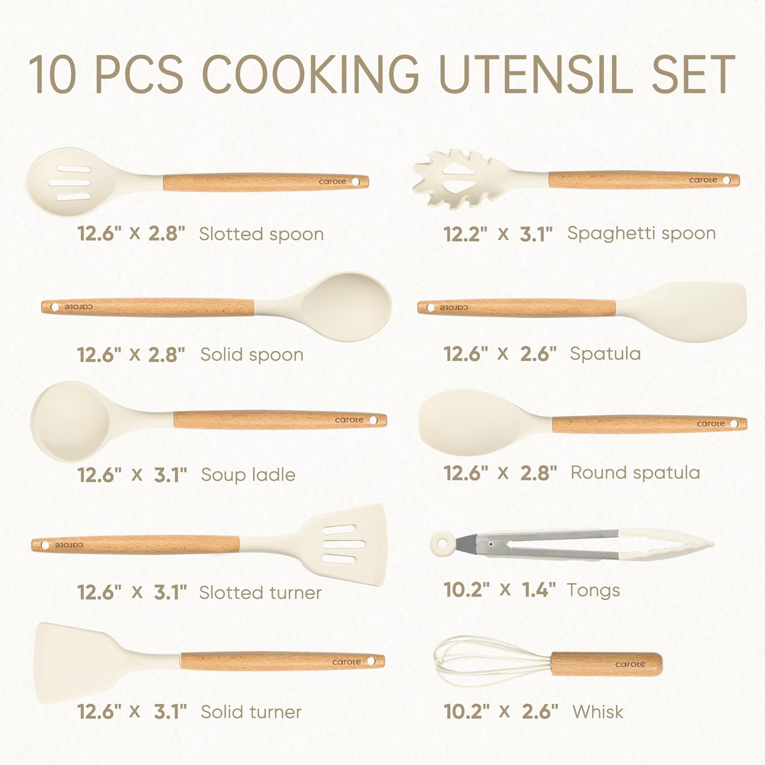 10-Piece Kitchen Utensils Set with Wood Cool-Touch Handles, Cream | Silicone Cooking Utensil, Food Grade, Nonstick Cookware Friendly, BPA-Free, Heat-Resistant, Everyday Home Essentials, Gifts