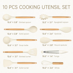 10-Piece Kitchen Utensils Set with Wood Cool-Touch Handles, Cream | Silicone Cooking Utensil, Food Grade, Nonstick Cookware Friendly, BPA-Free, Heat-Resistant, Everyday Home Essentials, Gifts