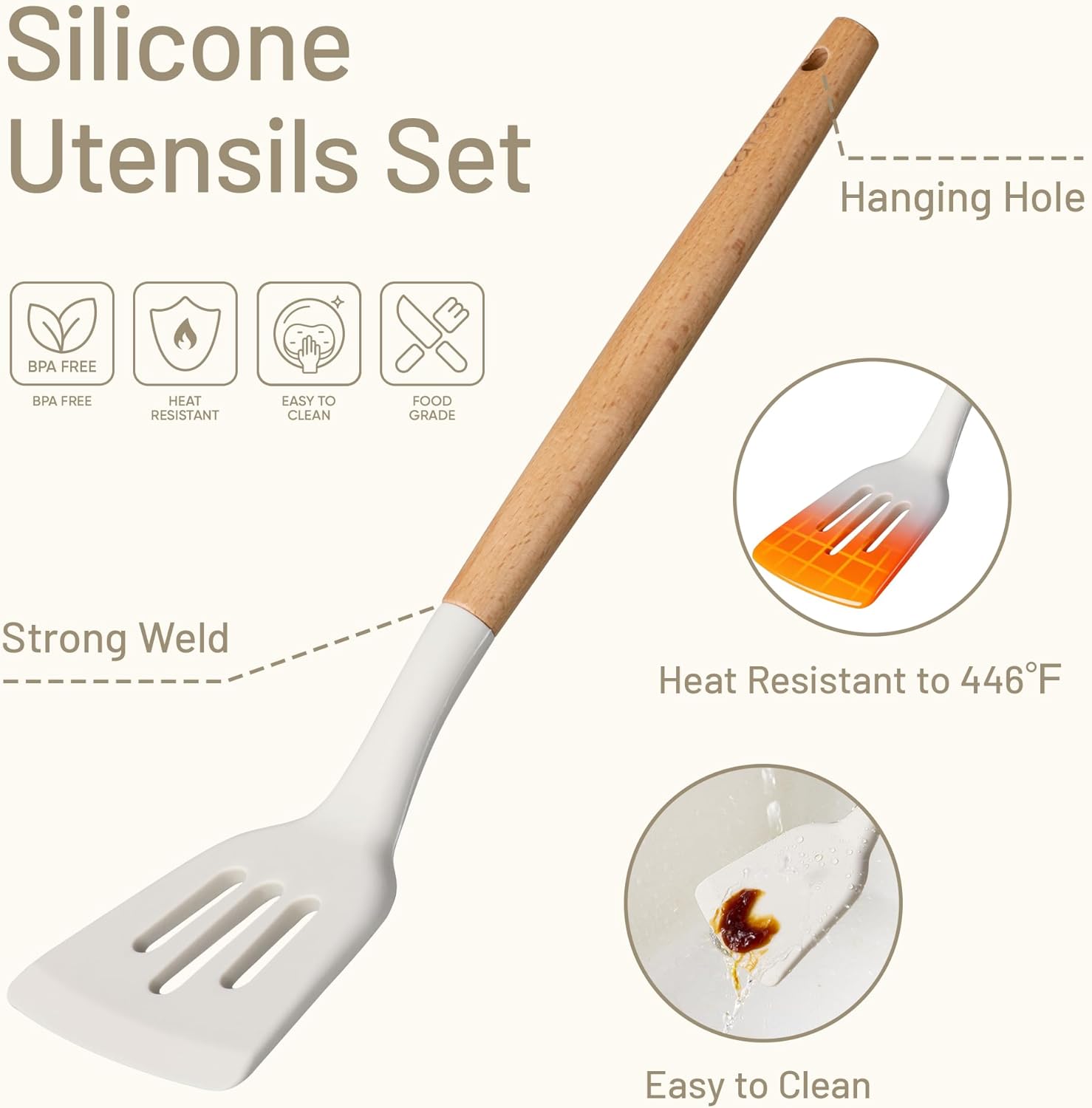 10-Piece Kitchen Utensils Set with Wood Cool-Touch Handles, Cream | Silicone Cooking Utensil, Food Grade, Nonstick Cookware Friendly, BPA-Free, Heat-Resistant, Everyday Home Essentials, Gifts