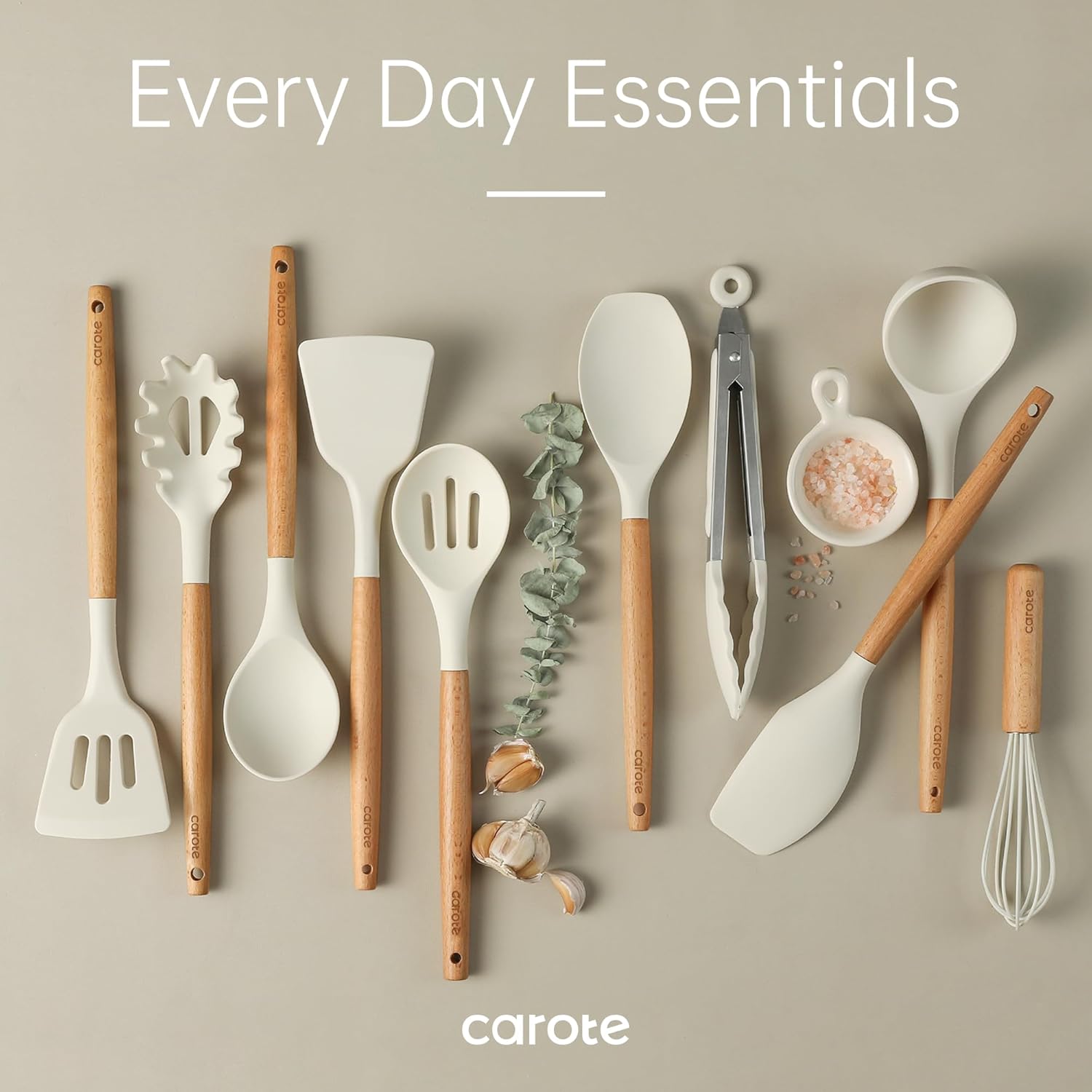 10-Piece Kitchen Utensils Set with Wood Cool-Touch Handles, Cream | Silicone Cooking Utensil, Food Grade, Nonstick Cookware Friendly, BPA-Free, Heat-Resistant, Everyday Home Essentials, Gifts