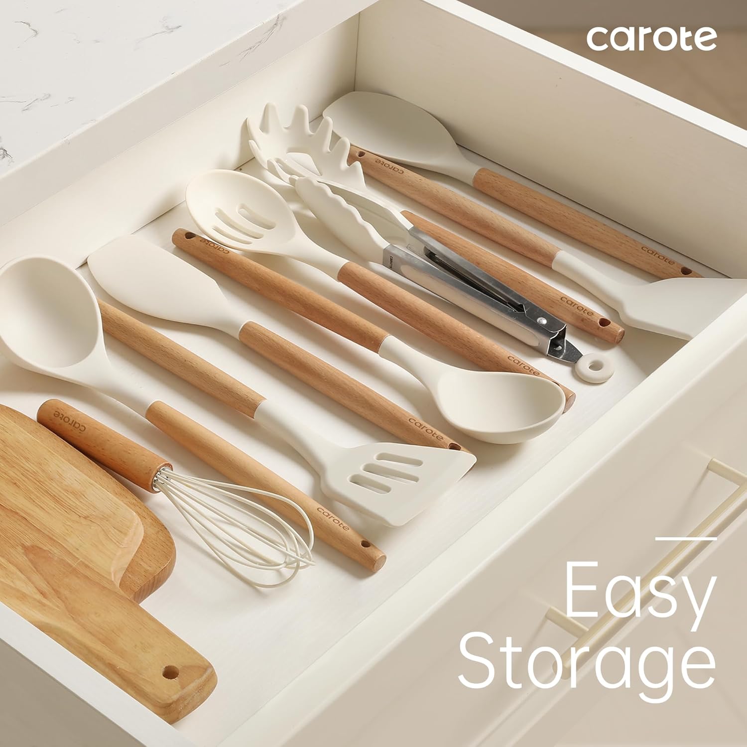10-Piece Kitchen Utensils Set with Wood Cool-Touch Handles, Cream | Silicone Cooking Utensil, Food Grade, Nonstick Cookware Friendly, BPA-Free, Heat-Resistant, Everyday Home Essentials, Gifts