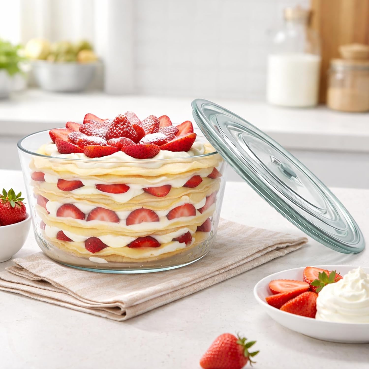 101 oz Large Trifle Bowl with Plastic Lid, Airtight Clear Thickened Glass Salad Bowl, Trifle Dish for Cakes Popcorn Fruit Dessert Baking, Food Storage Container for Parties Weddings Holiday, Round