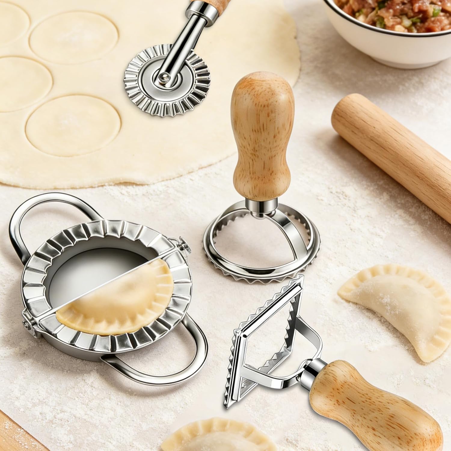 11 Pieces Ravioli Mold Set, Easy-to-Use Ravioli Maker Press with Ravioli Cutter Wheel, Pasta Cutter & Ravioli Making Kit, Wooden Pasta RollerPasta Making Tools for home .pasta lover