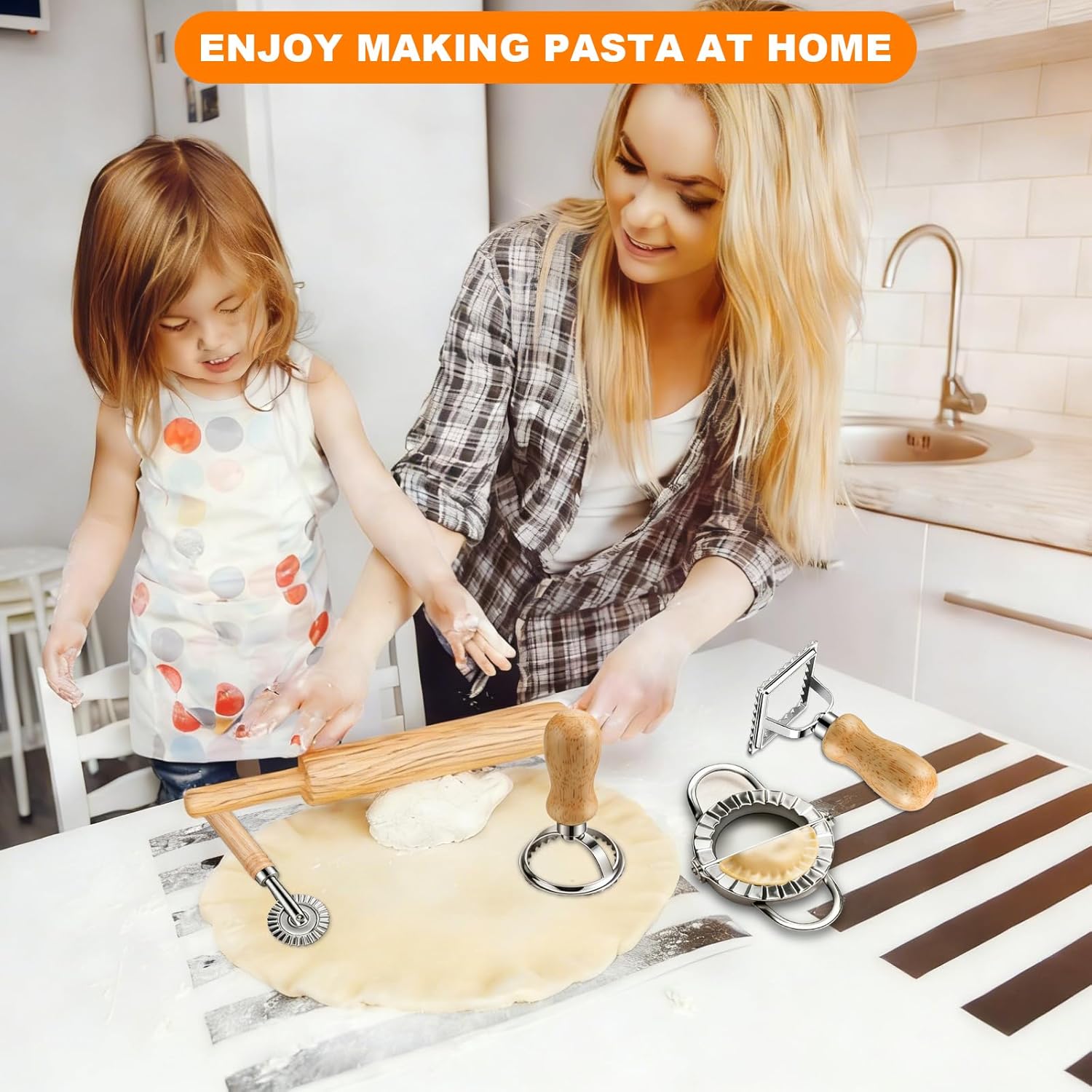 11 Pieces Ravioli Mold Set, Easy-to-Use Ravioli Maker Press with Ravioli Cutter Wheel, Pasta Cutter & Ravioli Making Kit, Wooden Pasta RollerPasta Making Tools for home .pasta lover