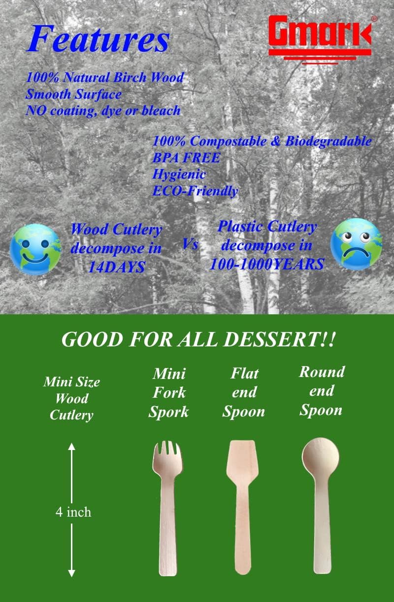 1.5mm Extra-Thick Mini Wooden Spoons (4 Inch) - 100 Count Heavy Duty Birch Wood - Sturdy No-Snap Disposable Spoons for Gelato, Desserts & Charcuterie - Eco-Friendly & Compostable GM1042A