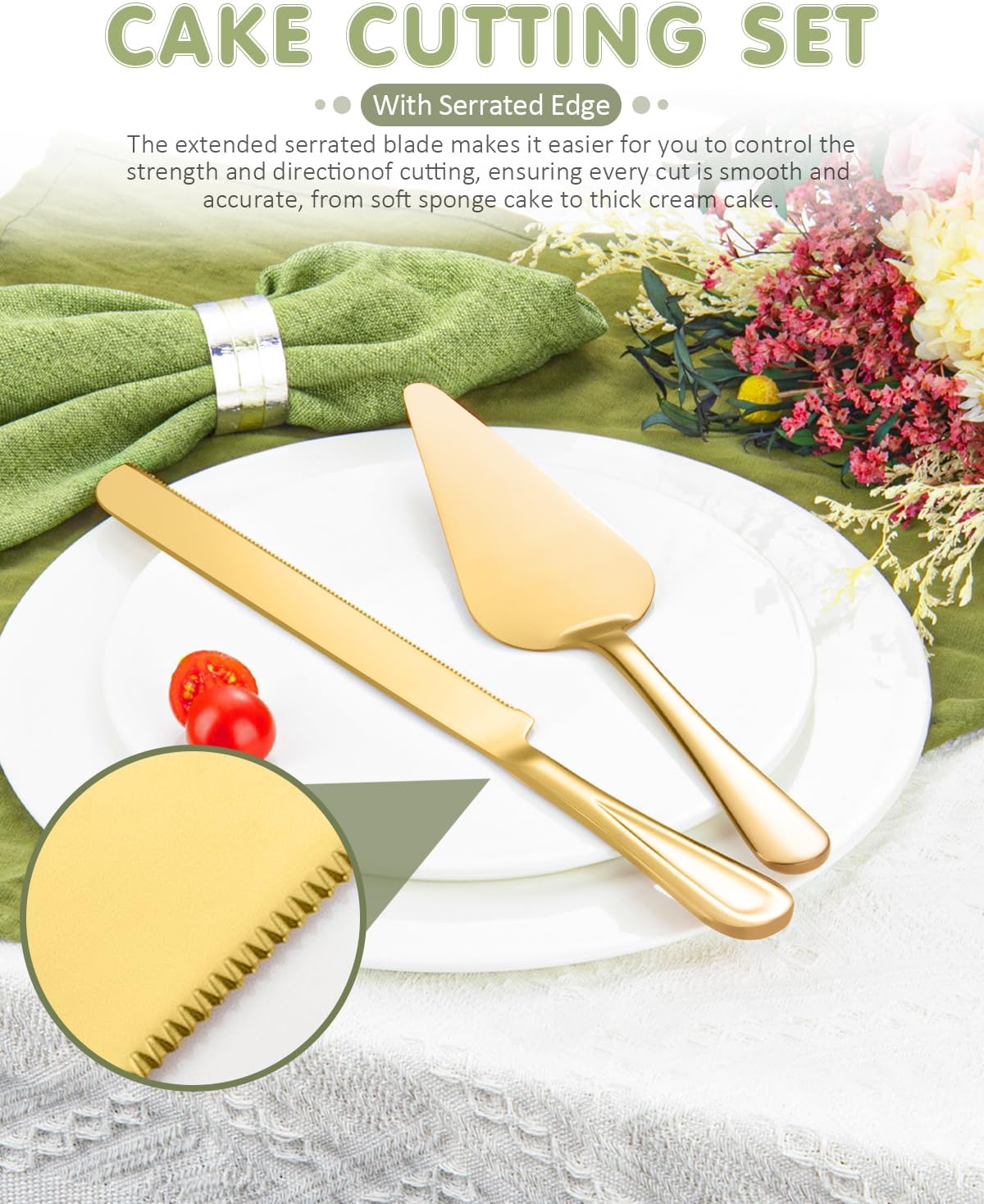 13-Inch Premium Cake Cutting Set for wedding .Exquisite Cake Knife and Server Set with Serrated Design, Ideal for Pastries, Pies, and Desserts (Gold)